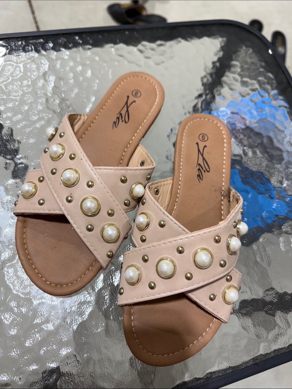 Qupid Blush Pearl-Embellished Slide Mules